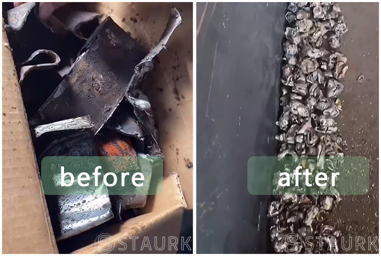 Scrap metal before and after metal crusher